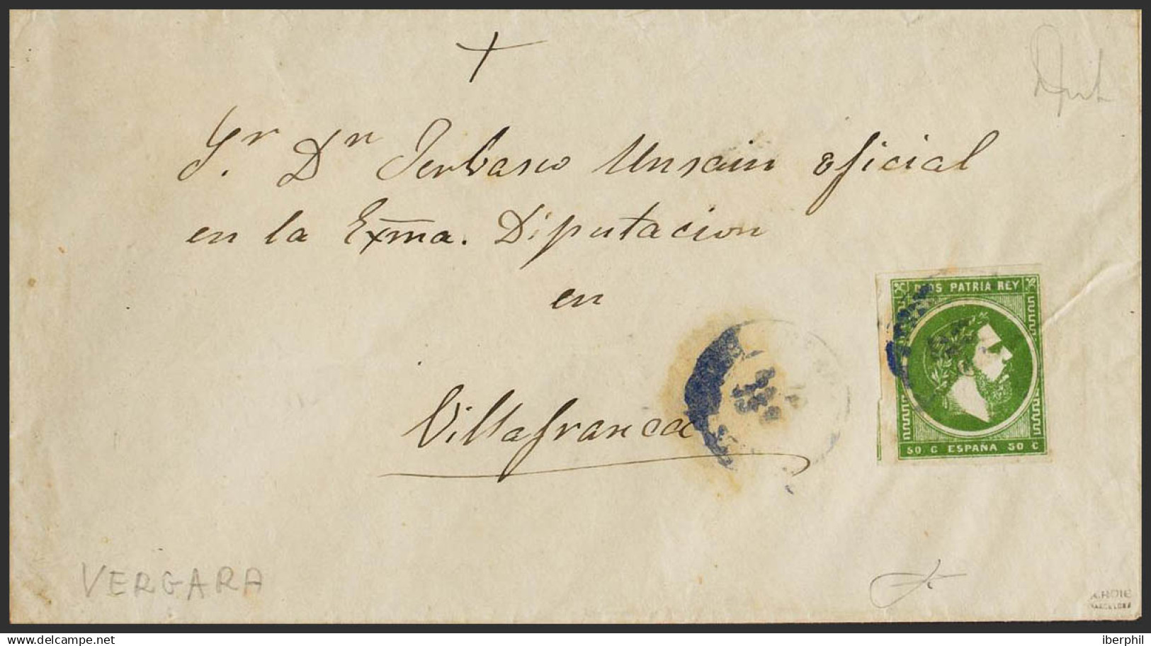 España. Correo Carlista. Sobre 160. 1875. 50 Cts Verde. VERGARA A VILLAFRANCA. Matasello (fechador) VERGARA (no Legible) - Carlisten