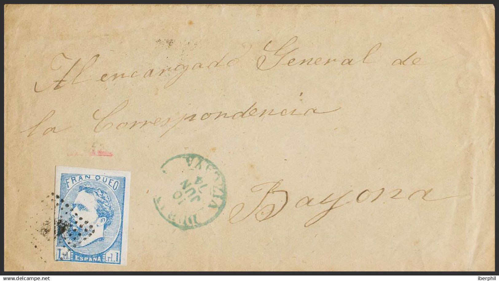 España. Correo Carlista. Sobre 156. 1874. 1 Real Azul. DURANGO A BAYONA (FRANCIA). MAGNIFICA Y RARA. Cert. CEM. - Carlistes