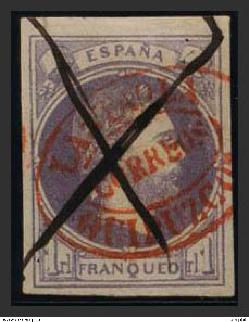 España. Correo Carlista. º158. 1874. 1 Real Violeta. Matasello Mixto LASTAOLA / CORREOS / GUIPUZCOA, En Rojo Y CRUZ DE T - Carlists