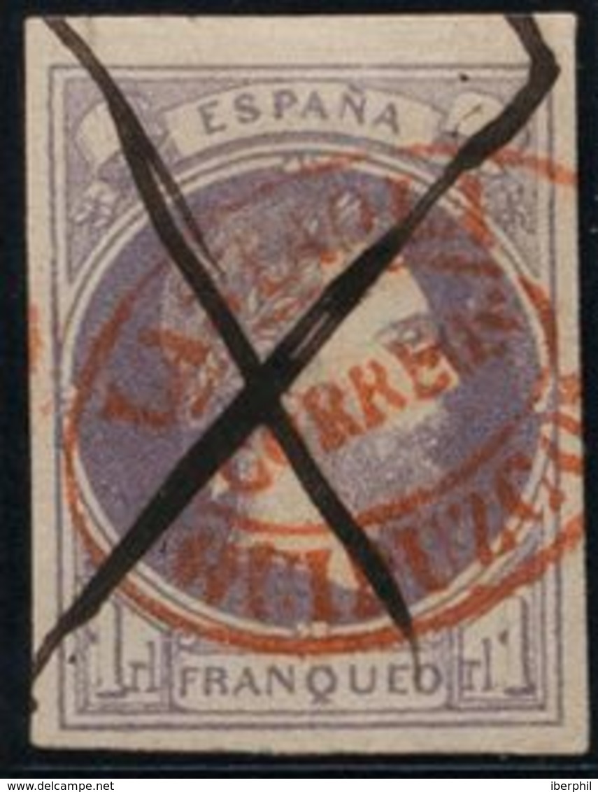 España. Correo Carlista. º158. 1874. 1 Real Violeta. Matasello Mixto LASTAOLA / CORREOS / GUIPUZCOA, En Rojo Y CRUZ DE T - Carlistes