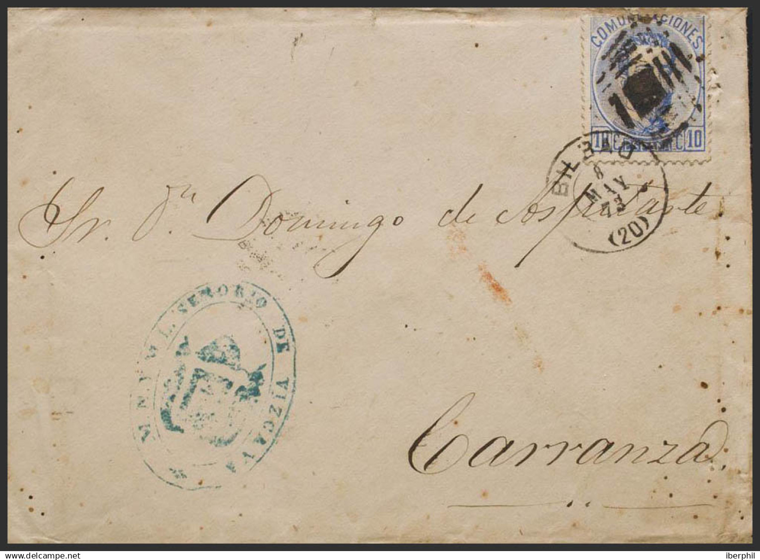 España. Correo Carlista. Sobre 121. 1873. (8 De Mayo). 10 Cts Ultramar. BILBAO A CARRANZA (VIZCAYA), Circulada Por Vía T - Carlists