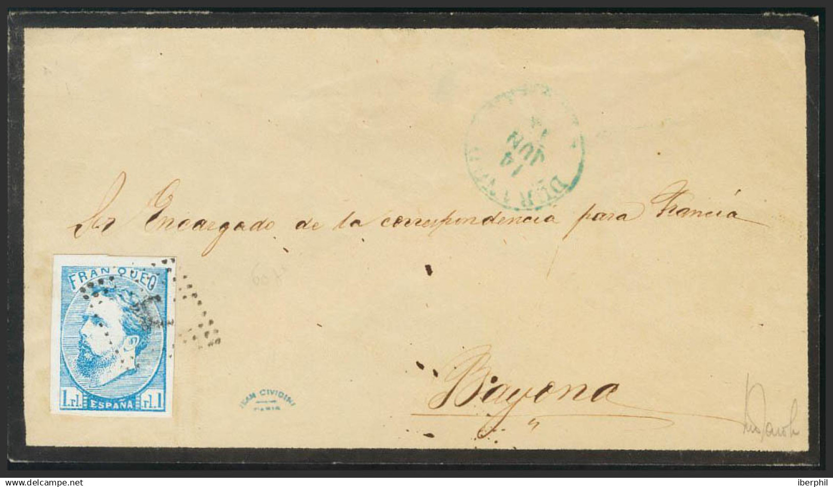 España. Correo Carlista. Sobre 156. 1874. 1 Real Azul. DURANGO (VIZCAYA) A BAYONA (FRANCIA). Al Dorso Tránsito Por Alsas - Carlisti