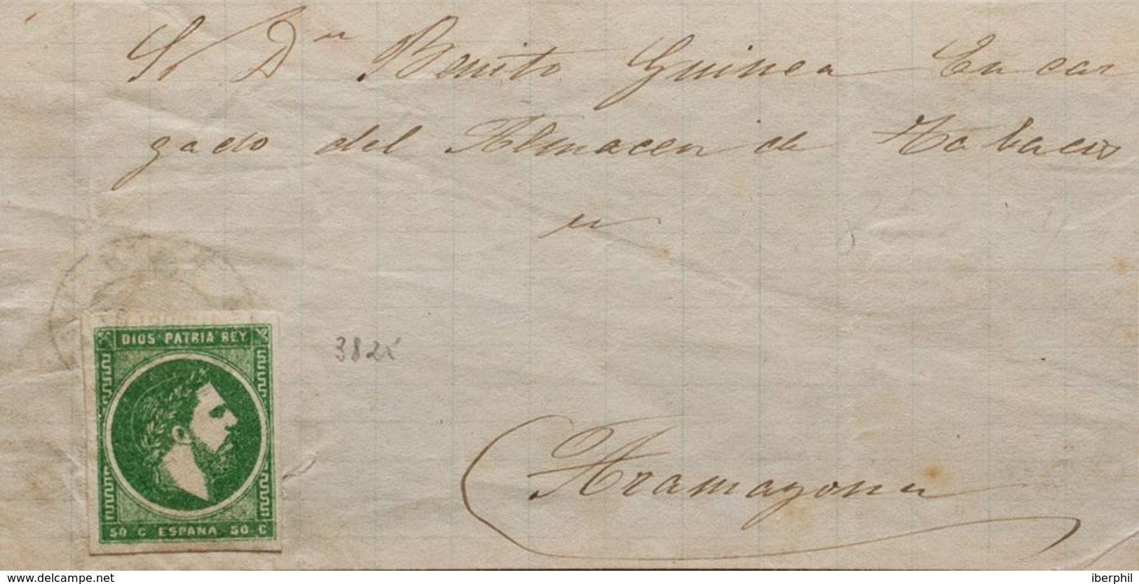 España. Correo Carlista. Sobre 160. (1875ca). 50 Cts Verde. Frontal De ARETA (VIZCAYA) A ARAMAYONA. Matasello Oval ARETA - Carlisten