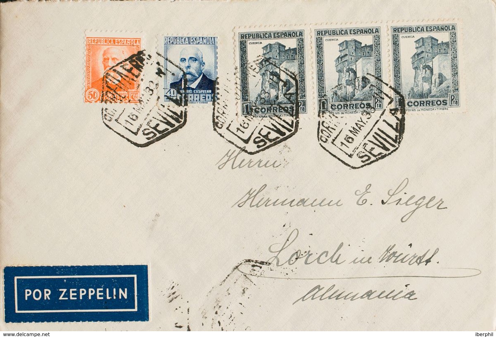 España. Correo Zeppelin. Sobre 670, 671, 673(3). 1933. 40 Cts Azul, 50 Cts Naranja Y 1 Pts Pizarra, Tres Sellos. Graf Ze - Cartas & Documentos