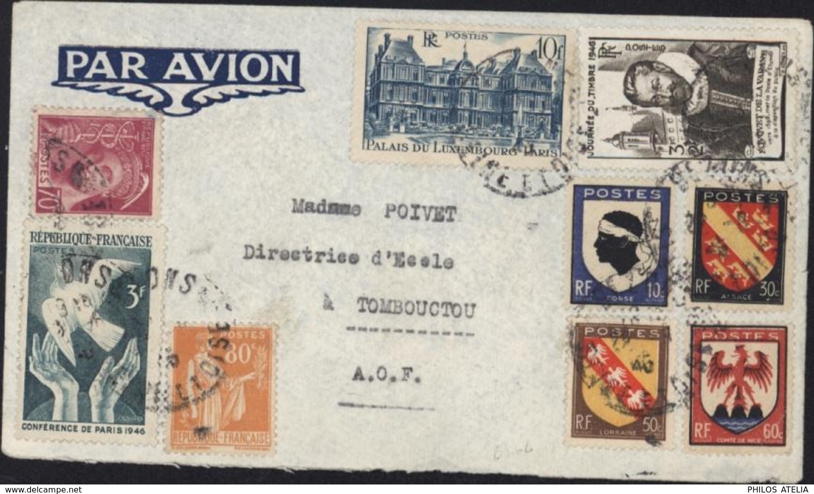 YT 713 715 716 + Faux Berck Pa 15 (vignette) Dos 416 366 754 760 761 755 à 758 CAD Bezon 1946 Pour Tombouctou AOF Avion - Covers & Documents