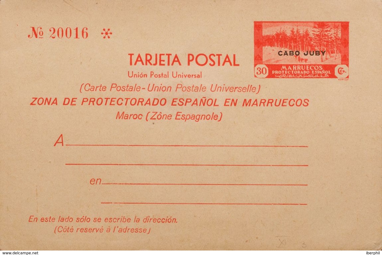 España. Cabo Juby. Entero Postal. (*)EP3. 1935. 30 Cts Rojo Sobre Tarjeta Entero Postal. MAGNIFICA. - Cabo Juby