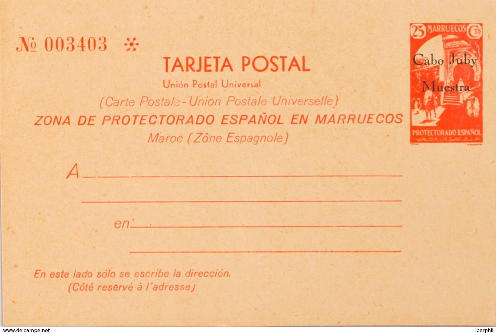 España. Cabo Juby. Entero Postal. (*)2M. 1933. 25 Cts Rojo Sobre Tarjeta Entero Postal. MUESTRA. MAGNIFICA Y RARA. (Láiz - Cabo Juby