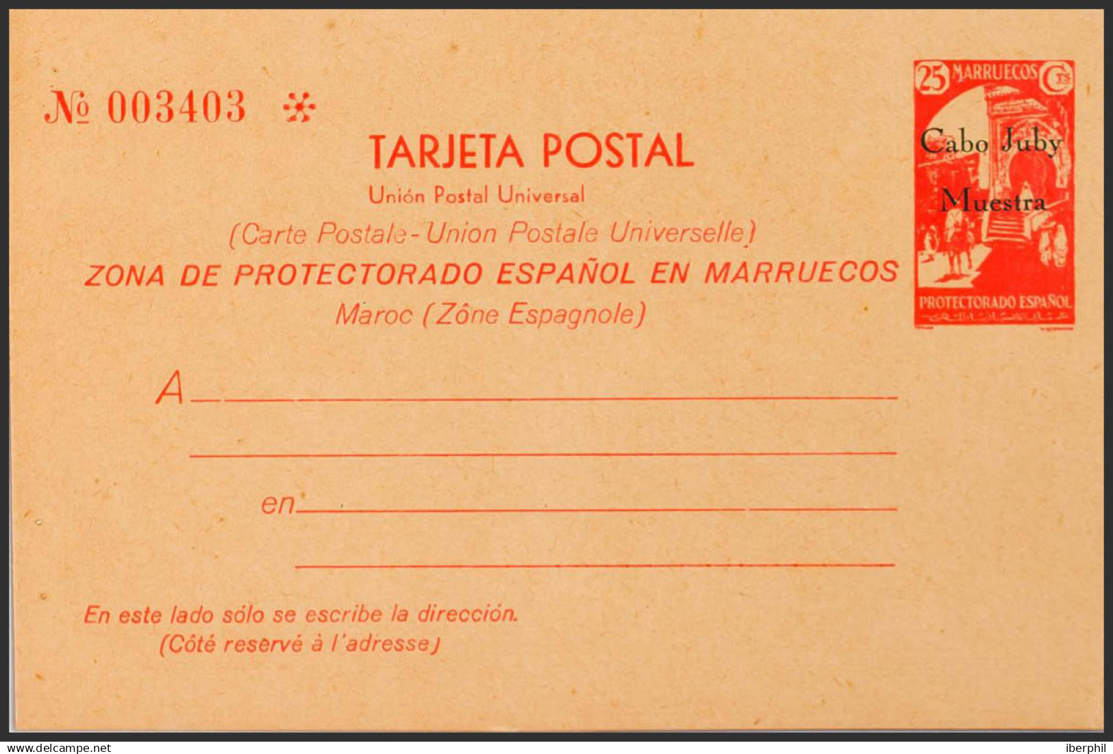 España. Cabo Juby. Entero Postal. (*)2M. 1933. 25 Cts Rojo Sobre Tarjeta Entero Postal. MUESTRA. MAGNIFICA Y RARA. (Láiz - Cape Juby