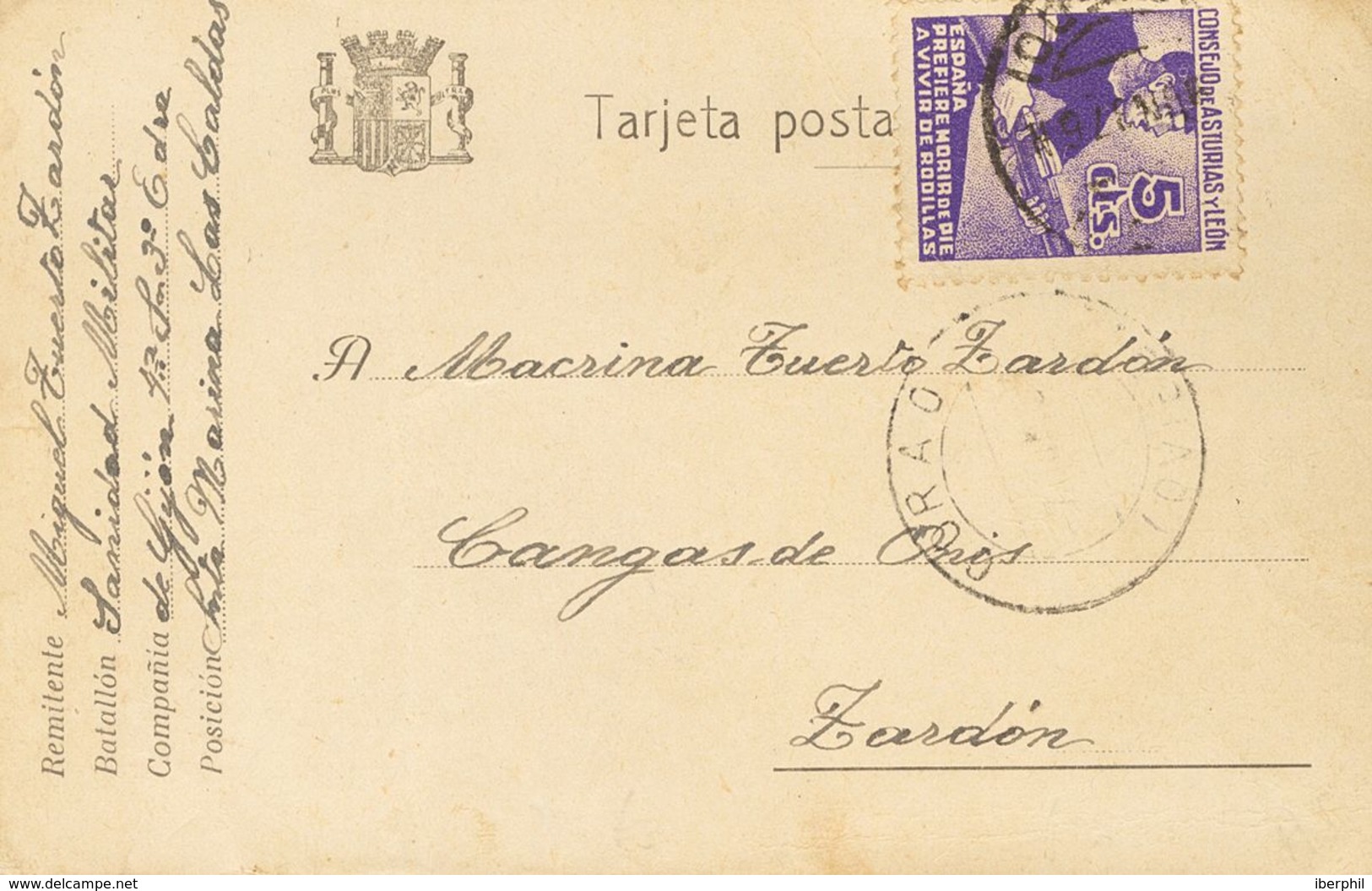 España. Asturias Y León. Sobre 2. 1937. 5 Cts Violeta. Tarjeta Postal De Campaña De LAS CALDAS A ZARDON. MAGNIFICA. - Asturies & Leon