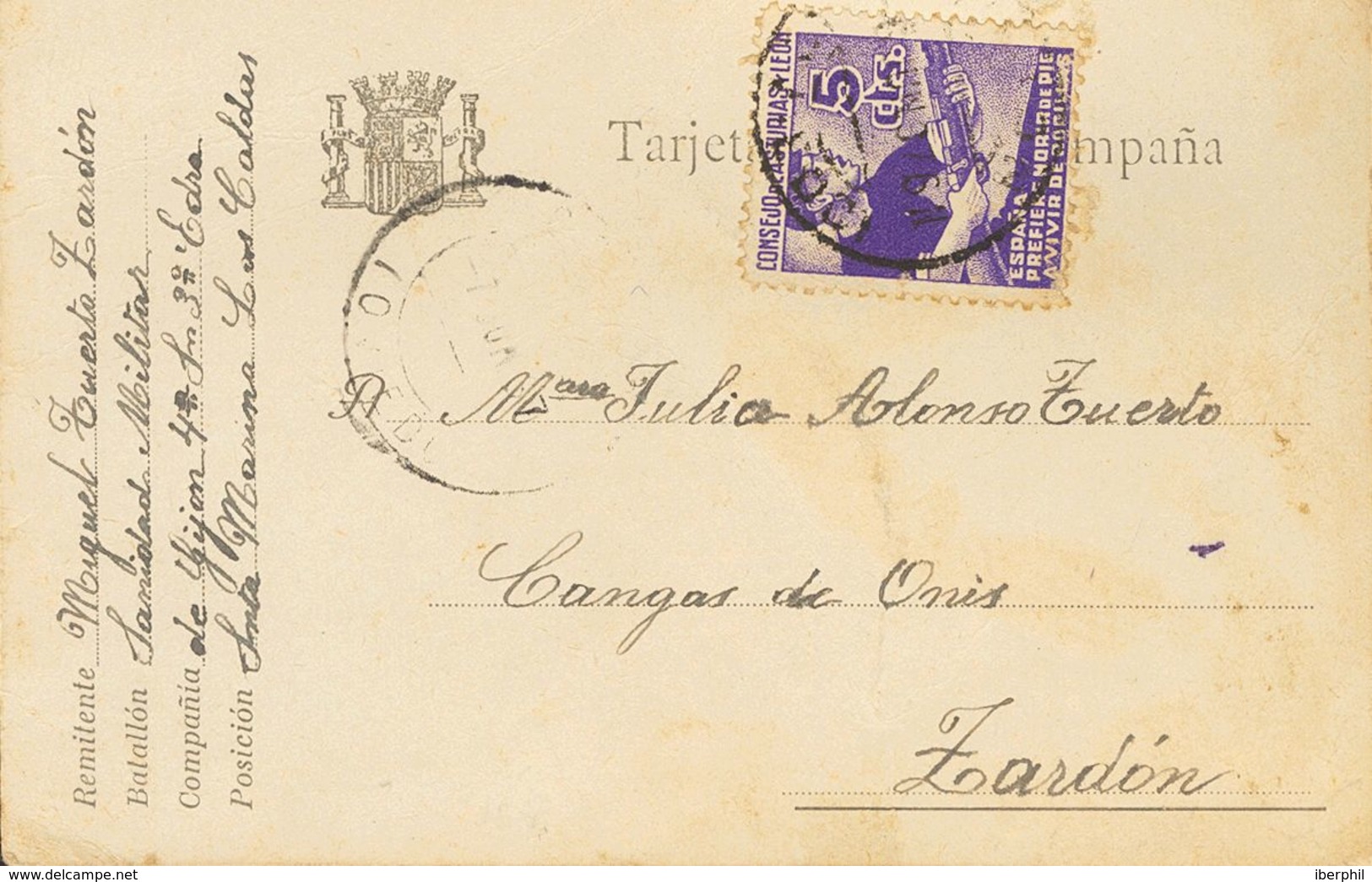 España. Asturias Y León. Sobre 2. 1937. 5 Cts Violeta. Tarjeta Postal De Campaña De LAS CALDAS A ZARDON. MAGNIFICA. - Asturien & Léon