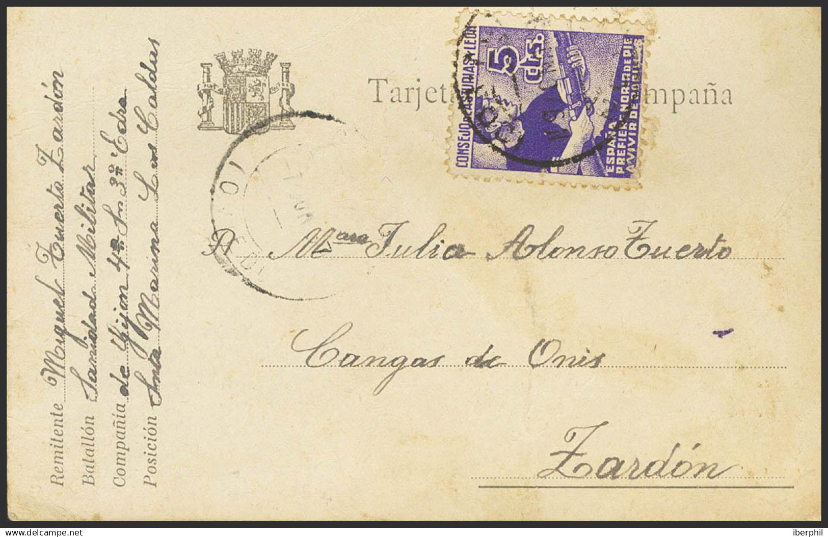 España. Asturias Y León. Sobre 2. 1937. 5 Cts Violeta. Tarjeta Postal De Campaña De LAS CALDAS A ZARDON. MAGNIFICA. - Asturies & Leon