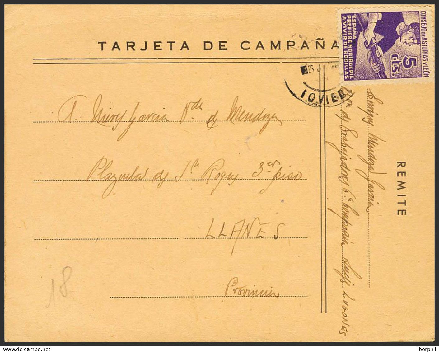 España. Asturias Y León. Sobre 2. 1937. 5 Cts Violeta. Tarjeta Postal De Campaña De LUGONES A LLANES. MAGNIFICA Y RARA. - Asturies & Leon