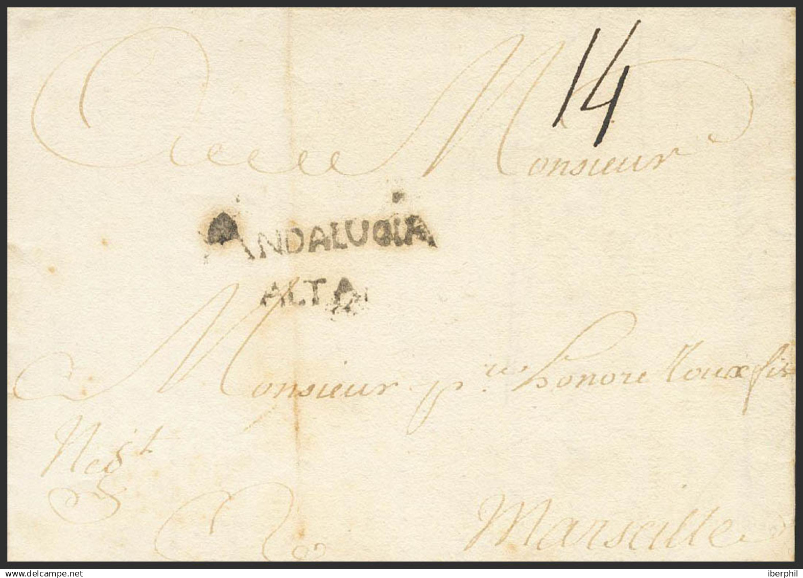 España. Andalucía. Prefilatelia. Sobre . 1758. MALAGA A MARSELLA (FRANCIA). Marca ANDALUCIA / ALTA (P.E.3) Edición 2004. - ...-1850 Prephilately