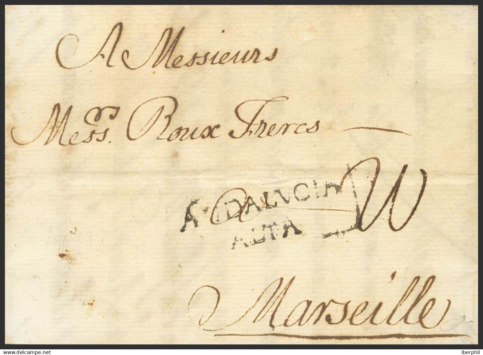 España. Andalucía. Prefilatelia. Sobre . 1764. MALAGA A MARSELLA (FRANCIA). Marca ANDALVCIA / ALTA (P.E.4) Edición 2004. - ...-1850 Prephilately