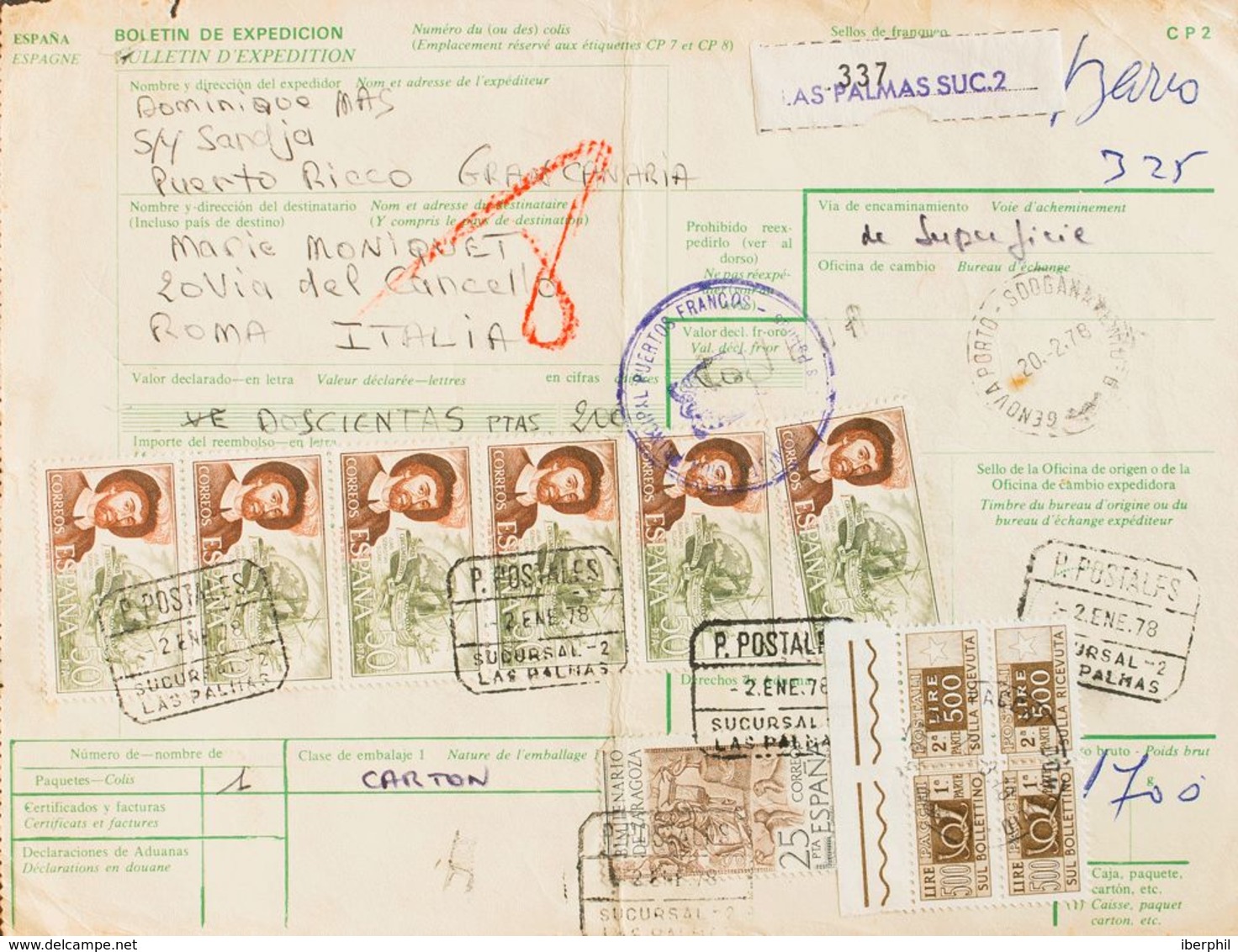 España. 2º Centenario Posterior A 1960. Sobre 2310(6), 2321. 1978. 50 Pts Castaño Y Verde, Seis Sellos Y 25 Pts Castaño. - Cartas & Documentos