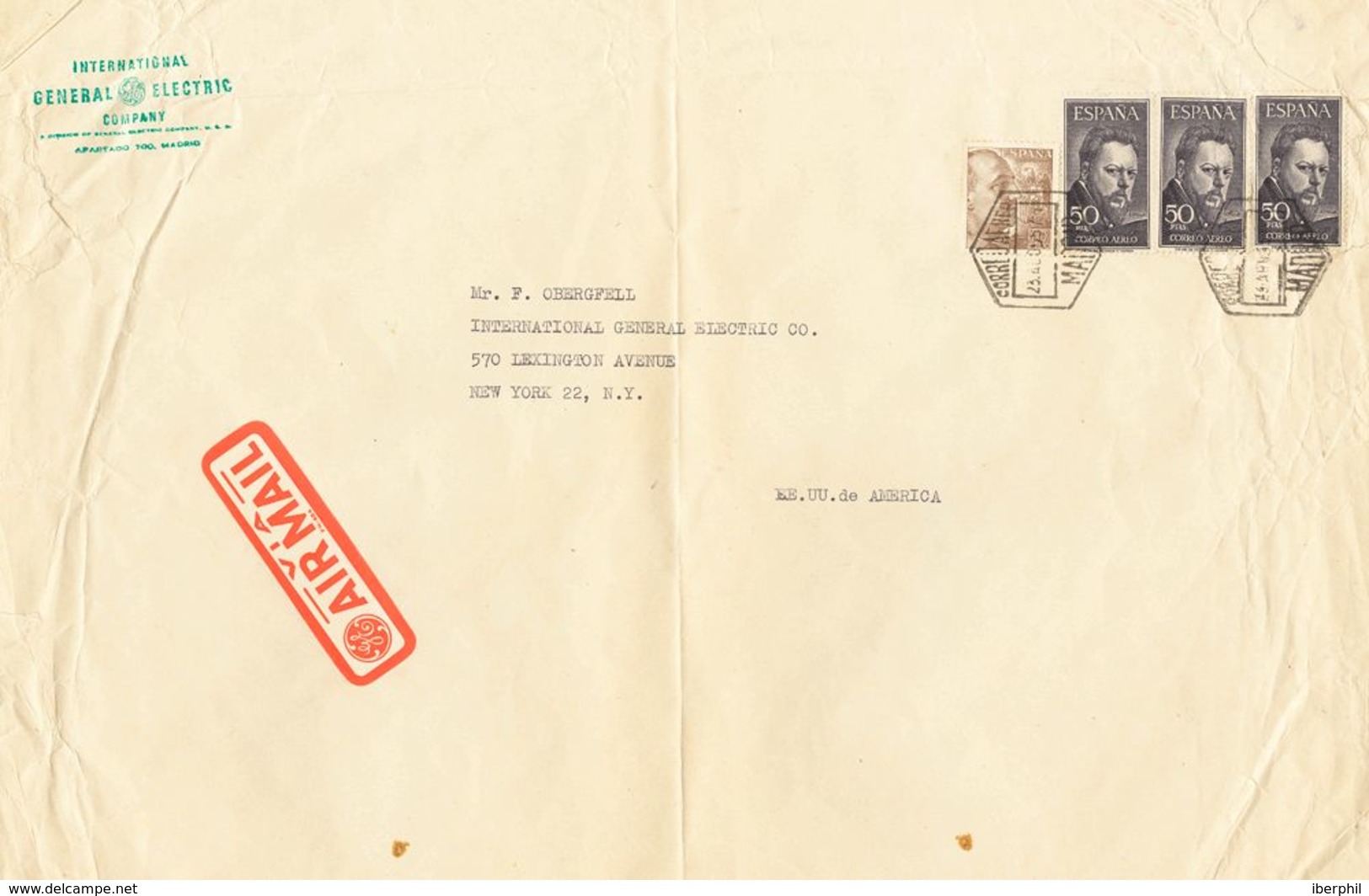 España. 2º Centenario Correo Aéreo. Sobre 1125(3). 1955. 50 Pts Violeta, Tres Sellos. MADRID A USA. MAGNIFICA, RARISIMO - Cartas & Documentos