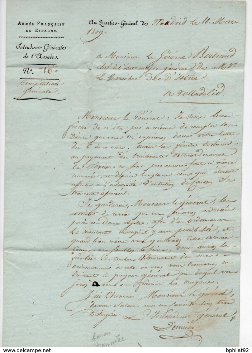 !!!  PRIX FIXE, MARQUE N°27 ARMEE D'ESPAGNE, CACHET ROUGE DE L'INTENDANT DE L'ARMEE D'ESPAGNE SUR LETTRE DE 1809 - Legerstempels (voor 1900)