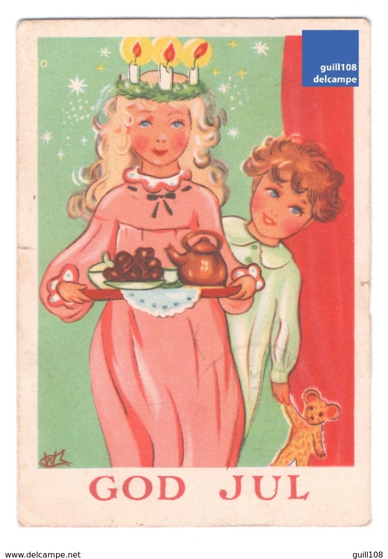 Joyeux Noël 1954 Petite Carte Postale Suède Thé Bredele Biscuit Ours En Peluche Doudou Christmas Greeting Card A30-85 - Santa Claus