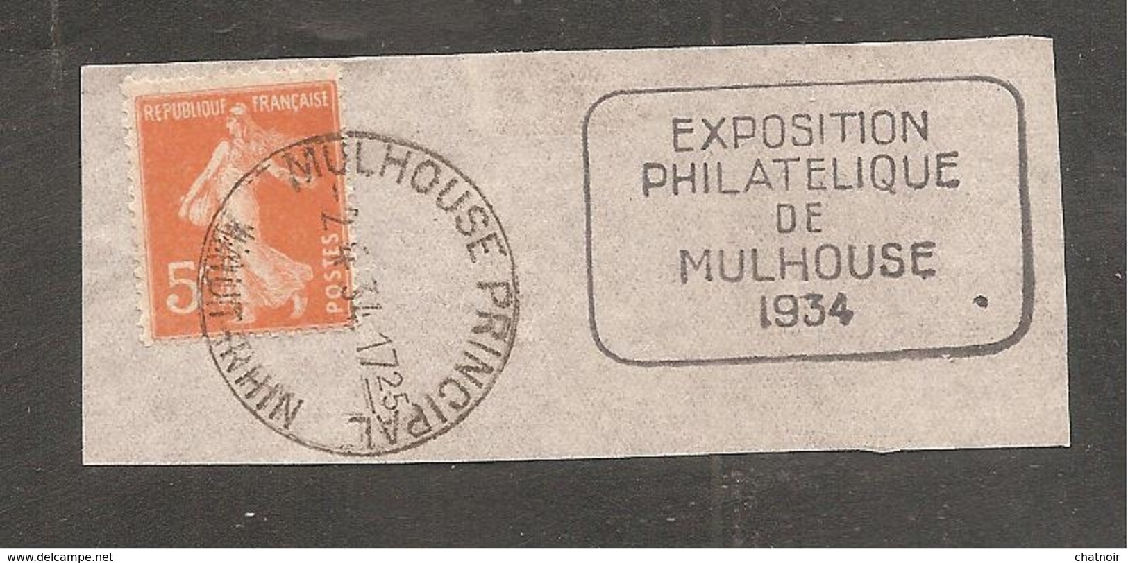 Sur  Fragment   5c Semeuse   Oblit  MULHOUSE   1934   " Exposition Philatelique" - Altri & Non Classificati