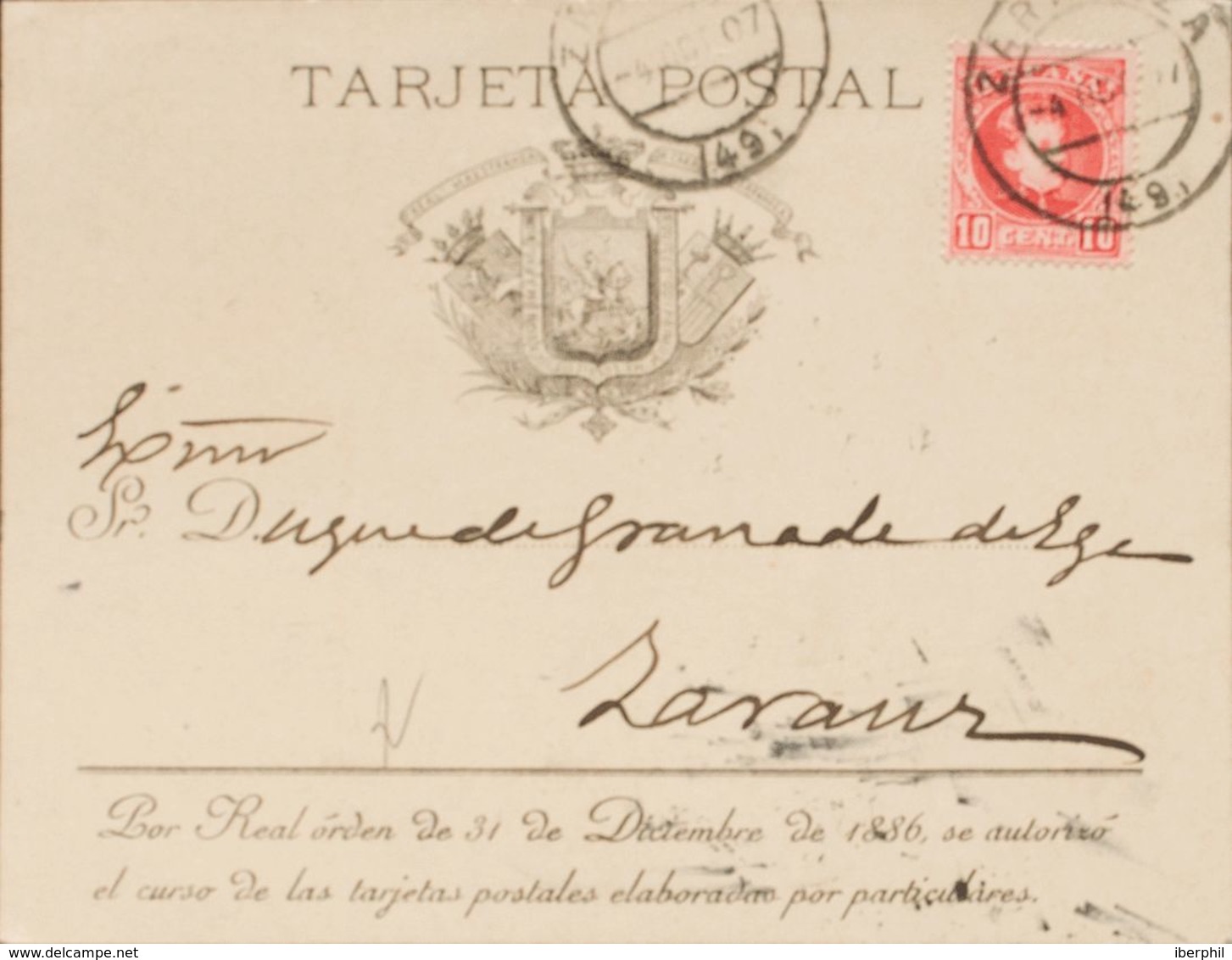 España. Aragón. Historia Postal. Sobre 243. 1907. 10 Cts Rojo. Tarjeta Postal De ZARAGOZA A ZARAUZ. En El Frente Impreso - Otros & Sin Clasificación