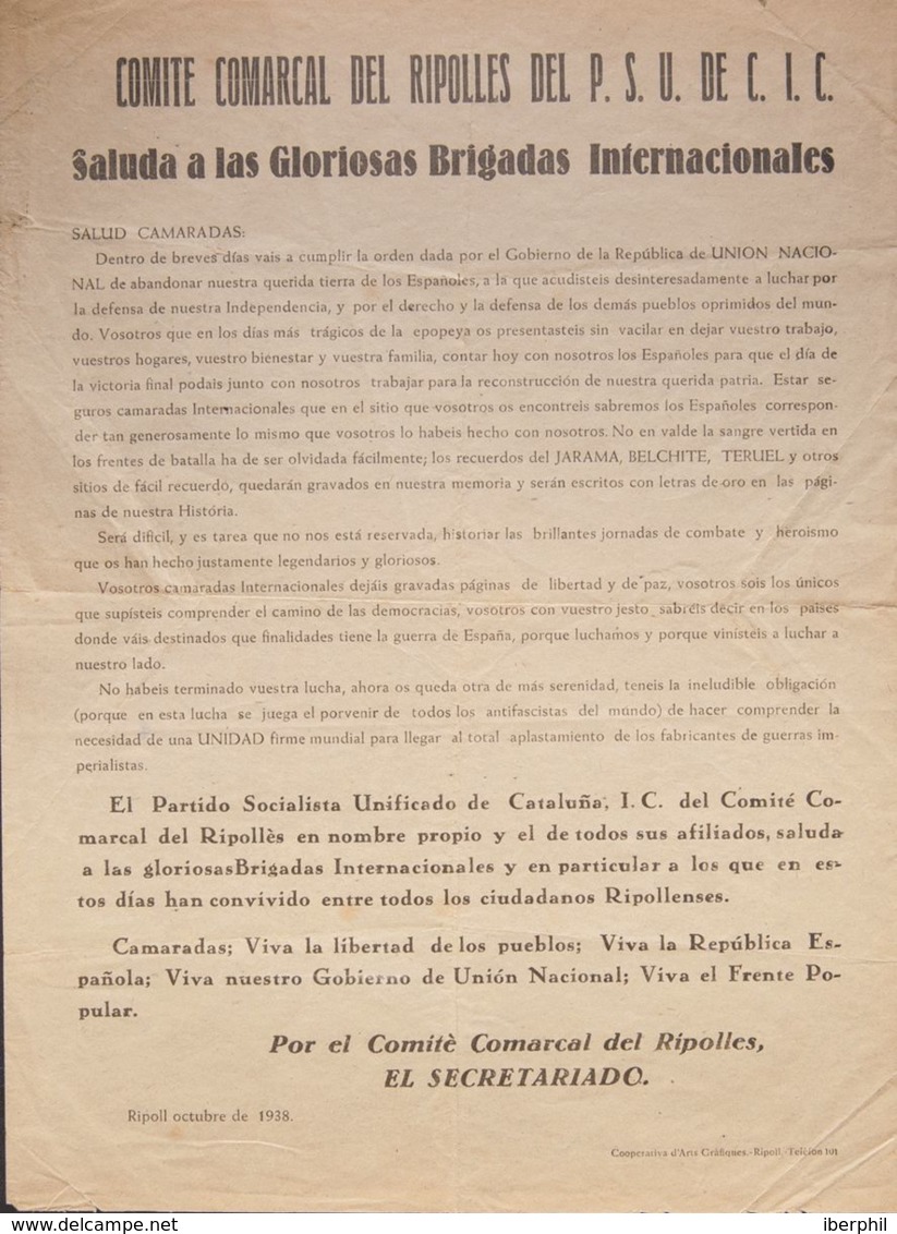 España. Guerra Civil. Brigada Internacional. Sobre . 1938. Panfleto Del COMITE COMARCAL DEL RIPOLLES DEL P.S.U.C. DE C.I - Covers & Documents