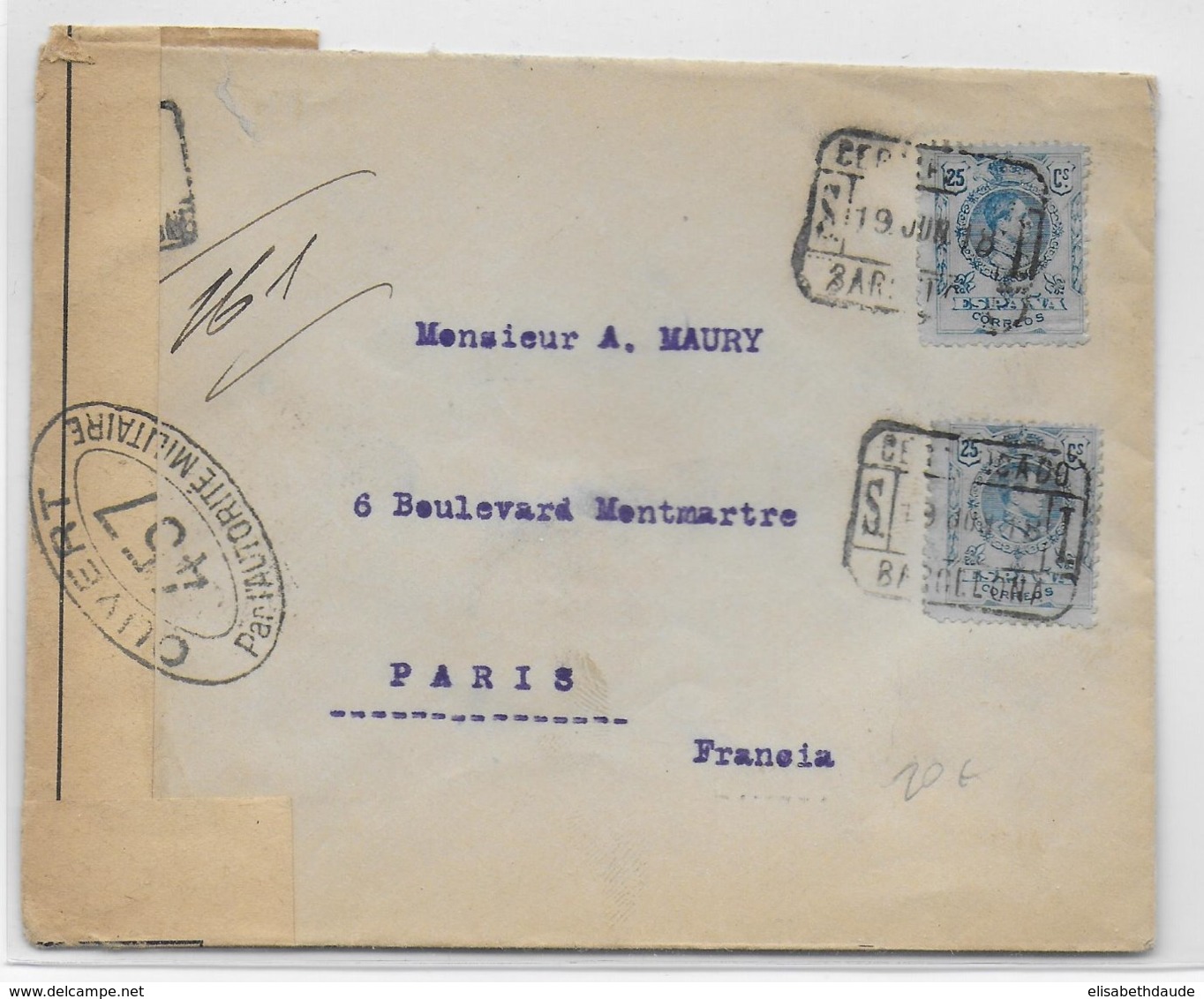 1918 - ENVELOPPE RECOMMANDEE De BARCELONA (ESPAGNE) Avec CENSURE FRANCAISE ! => PARIS - CACHETS CIRE AU DOS - Briefe U. Dokumente