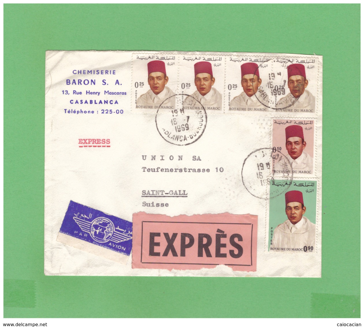 1969 ROYAUME DU MAROC EXPRESS AIR MAIL COVERT WITH 6 DIV. STAMPS TO SWISS - Morocco (1956-...)