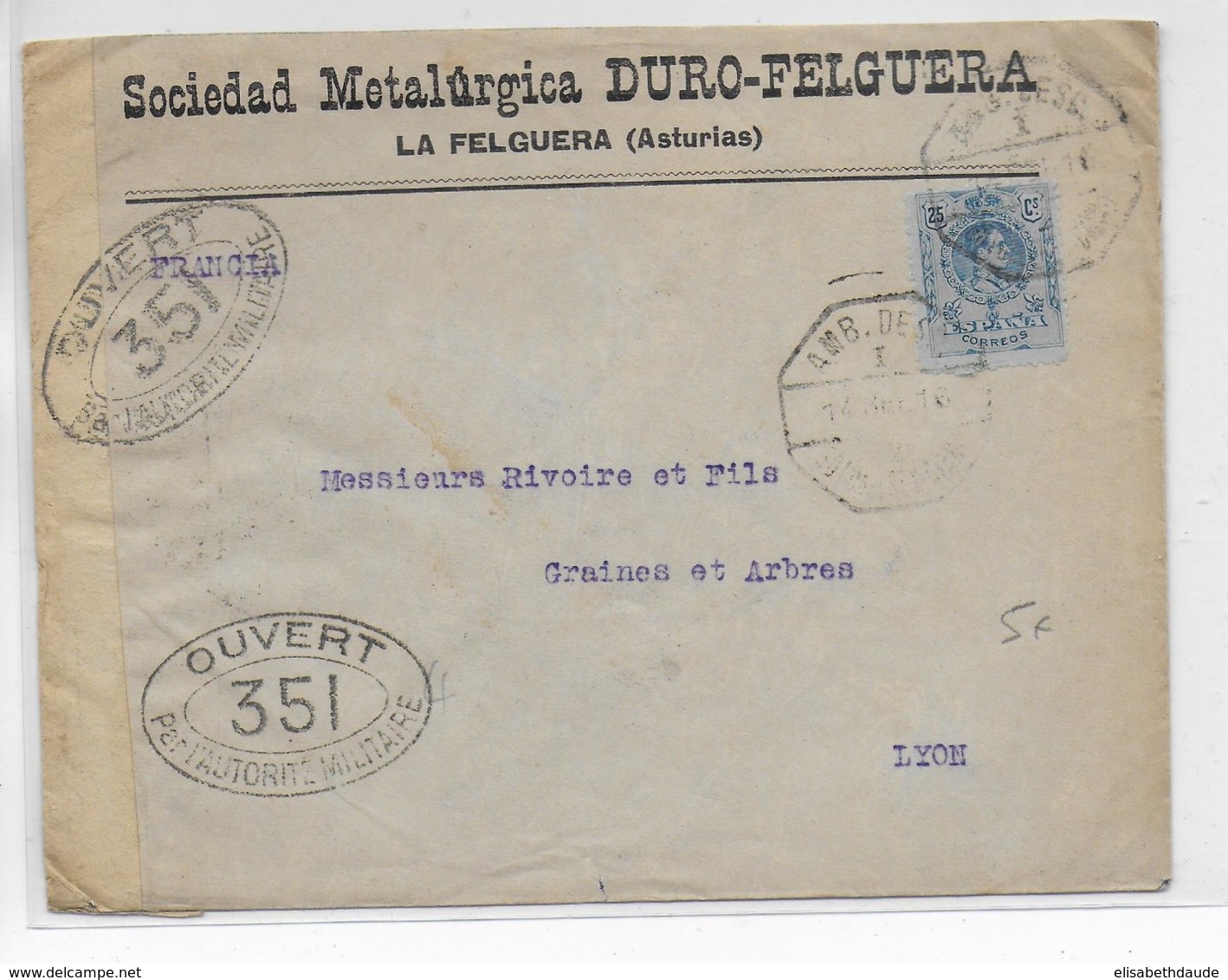 1916 - ENVELOPPE De LA FELGUERA (ESPAGNE) CACHET AMBULANT Avec CENSURE FRANCAISE => LYON - Covers & Documents