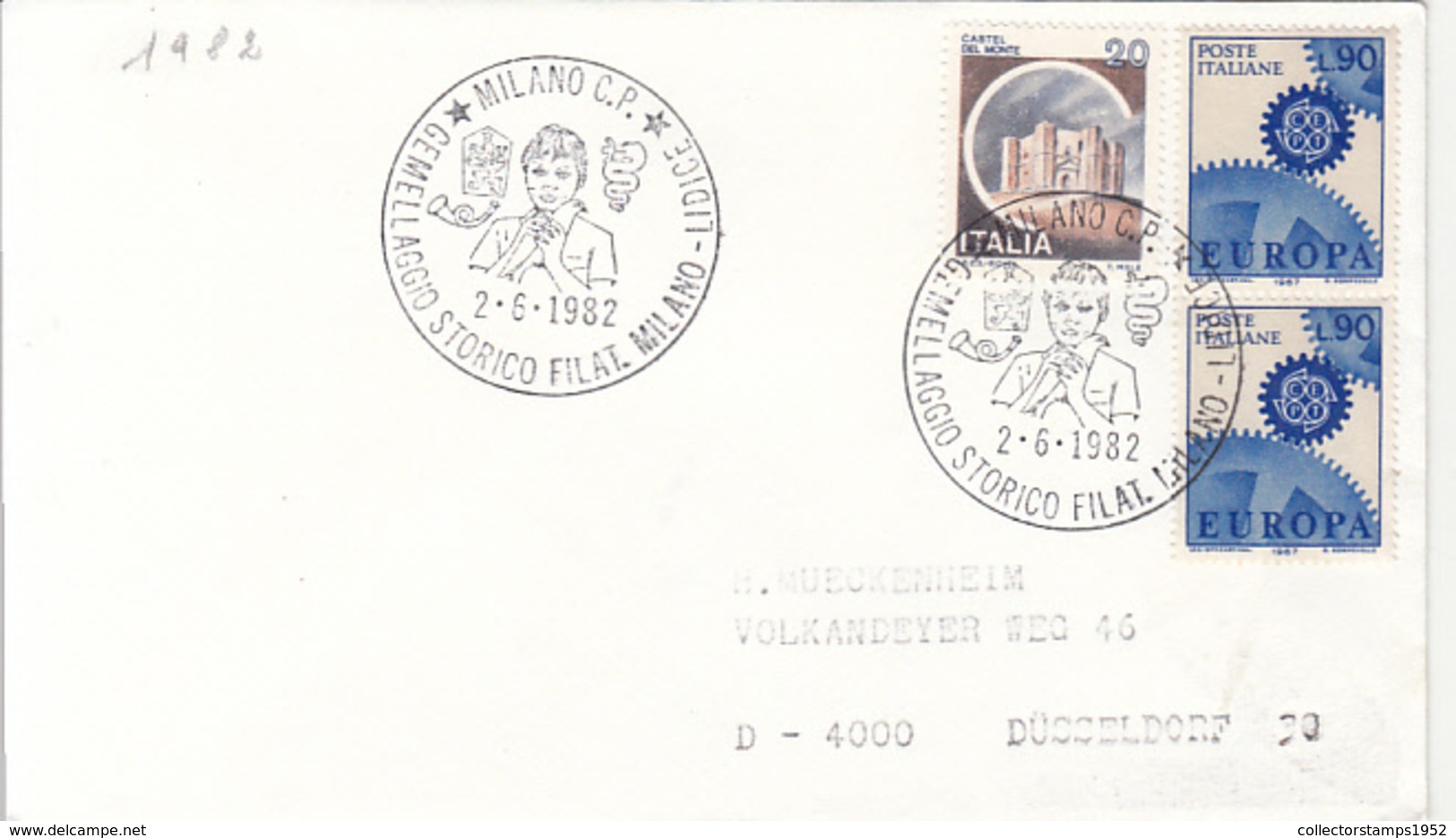 83525- MILANO-LIDICE SISTER CITIES SPECIAL POSTMARKS ON COVER, CASTLE, EUROPA CEPT-GEARS STAMP, 1982, ITALY - 1981-90: Afgestempeld