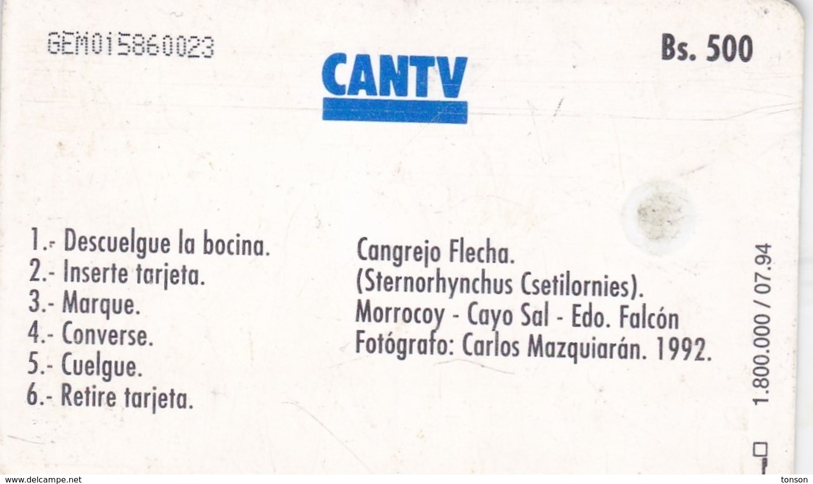 Venezuela, CAN2-0028-2a, Cangrejo Flecha, Crab, 2 Scans.   Printed Moreno Logo And Transparent Moreno Logo - Venezuela