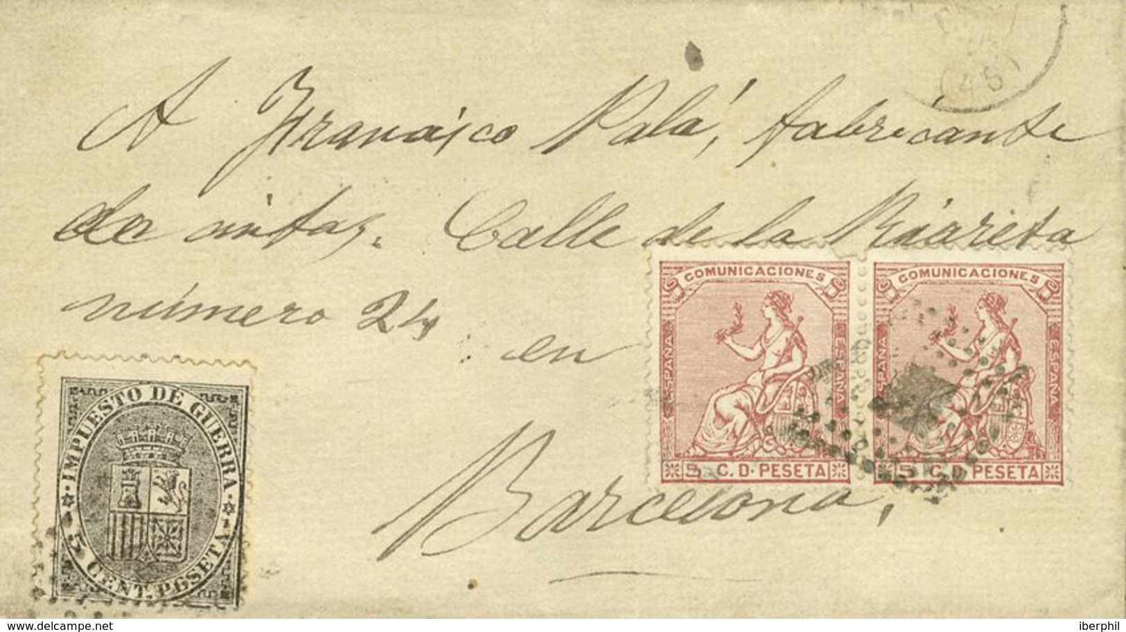 España. I República. Sobre 132(2), 141. (1874ca). 5 Cts Rosa, Pareja Y 5 Cts Negro. Dirigida A BARCELONA. MAGNIFICA. - Covers & Documents