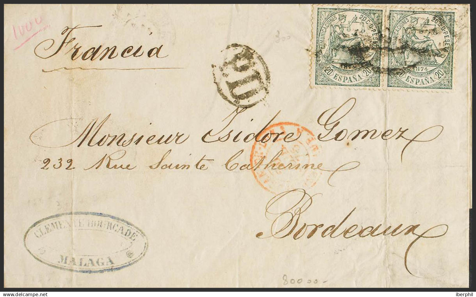 España. I República. Sobre 146(2). 1875. 20 Cts Verde, Pareja. MALAGA A BORDEAUX (FRANCIA). MAGNIFICA Y RARISIMA COMBINA - Covers & Documents