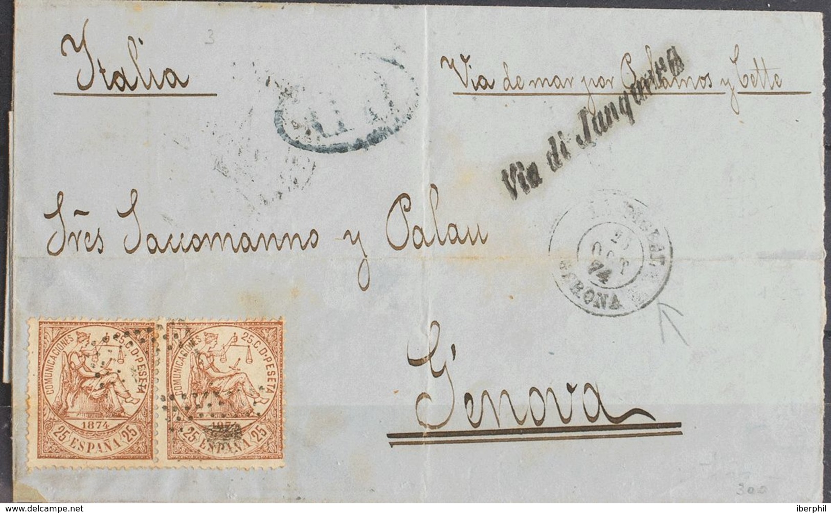 España. I República. Sobre 147(2). 1874. 25 Cts Castaño, Pareja. LA BISBAL A GENOVA (ITALIA). MAGNIFICA Y RARO FRANQUEO. - Lettres & Documents