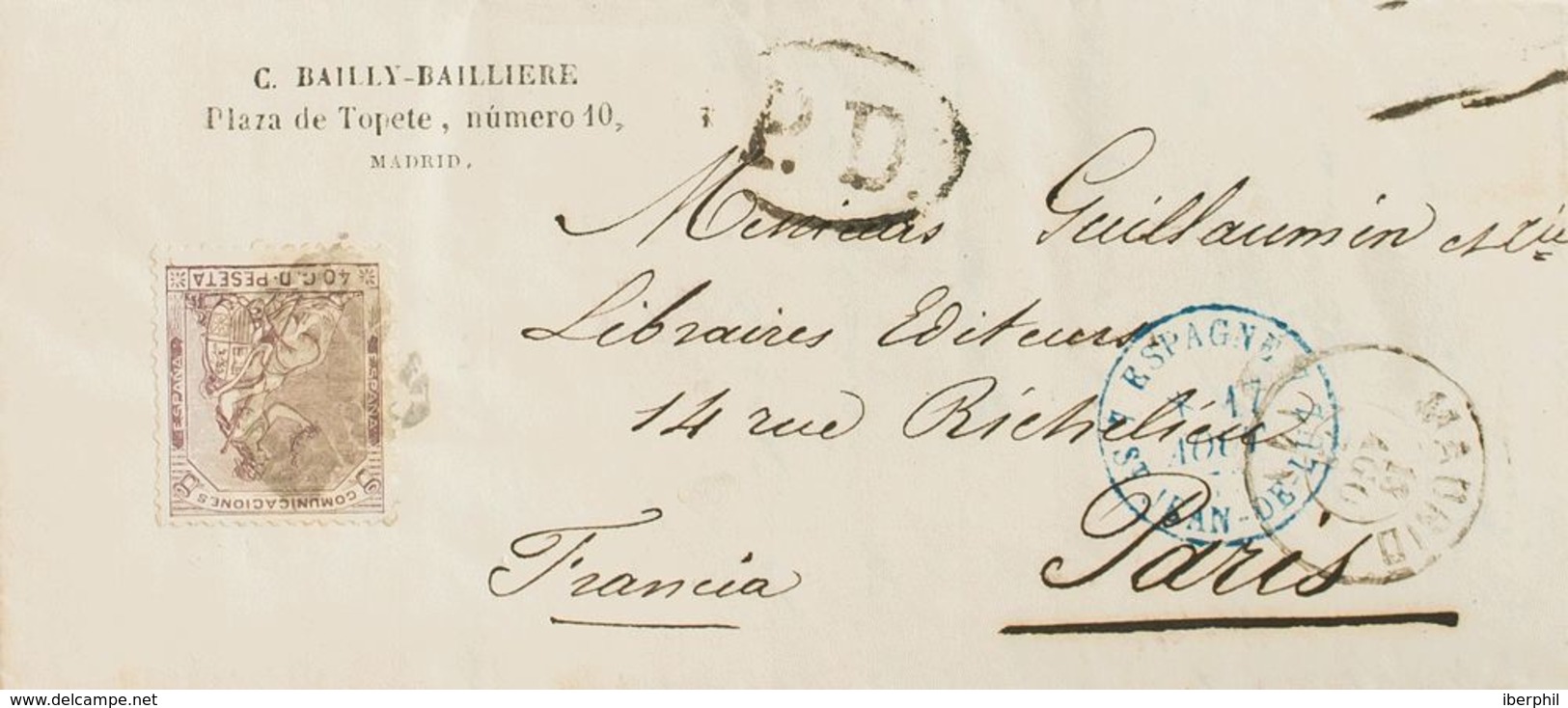 España. I República. Sobre 136. 1873. 40 Cts Castaño. MADRID A PARIS. MAGNIFICA E INUSUAL MARCA PRECURSORA DE LO QUE LUE - Covers & Documents