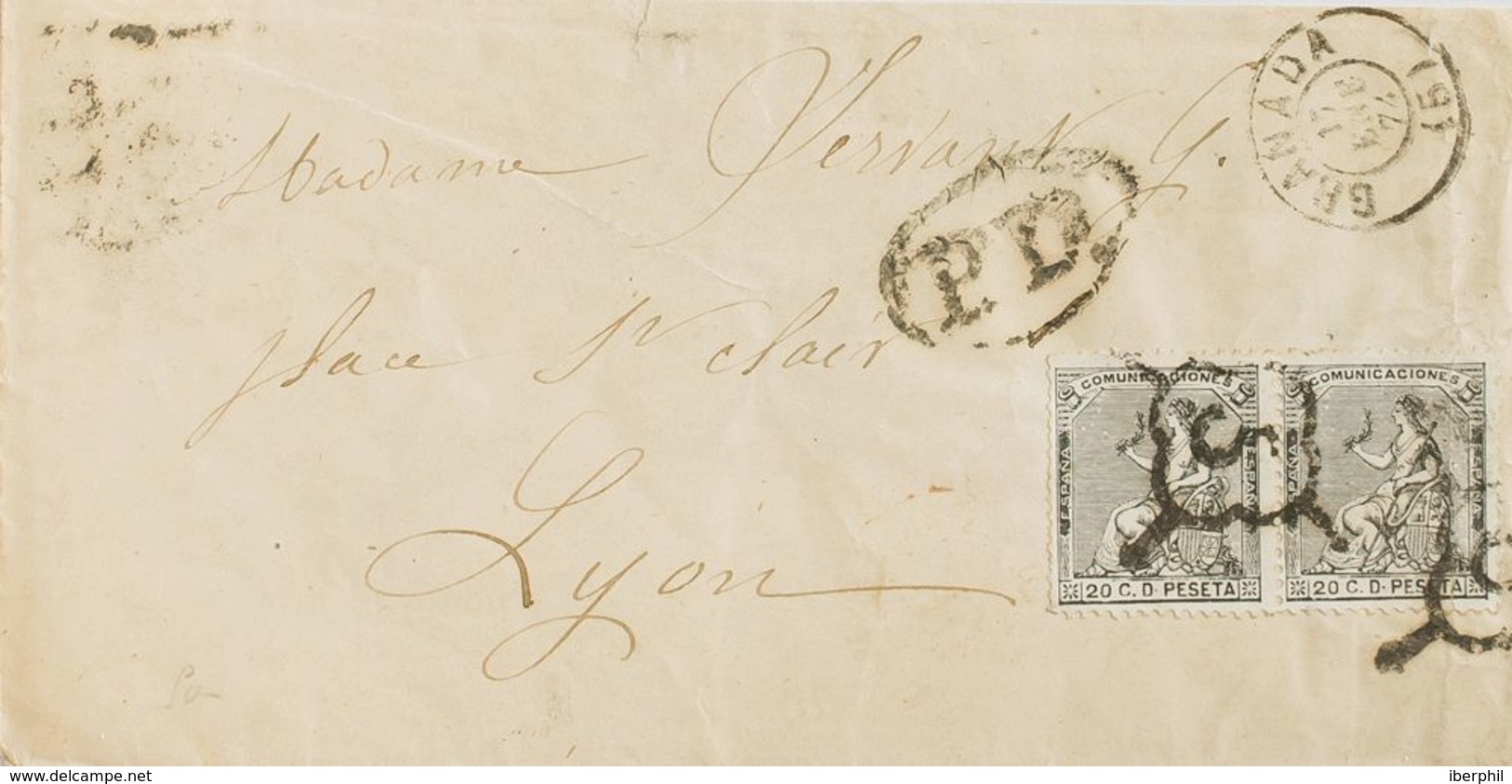 España. I República. Sobre 134(2). 1874. 20 Cts Negro, Pareja. GRANADA A LYON (FRANCIA). Matasello ARAÑA Nº5, De Granada - Covers & Documents