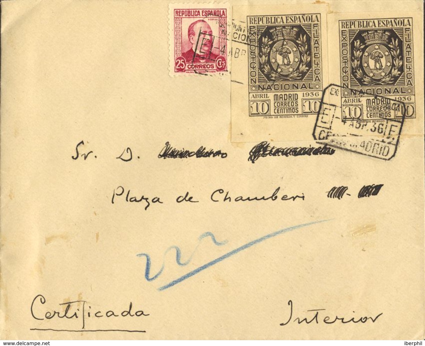 España. República Española. Sobre 727(2), 685. 1936. 25 Cts. Y 10 Cts. Dos Sellos. Certificado Interior De MADRID. MAGNI - Lettres & Documents