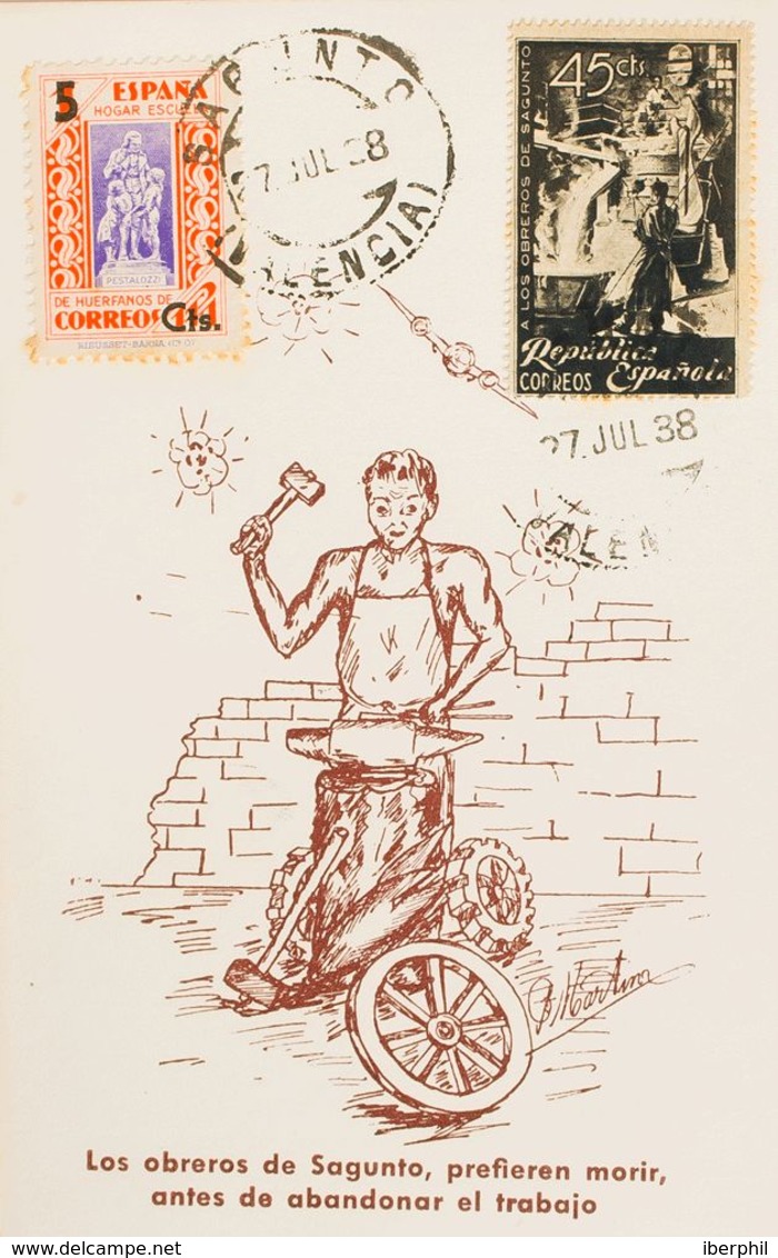 España. República Española. Sobre 773. 1938. 45 Cts Negro Y Sello De Beneficencia. Tarjeta Postal Ilustrada SIN CIRCULAR - Storia Postale