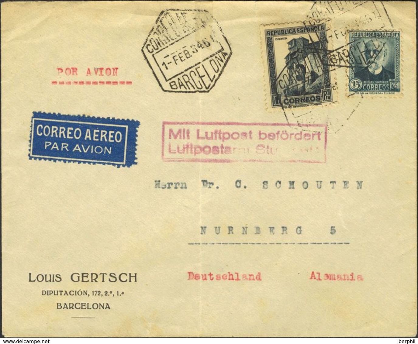 España. República Española Correo Aéreo. Sobre 770,665. 1934. 15 Cts Verde Y 1 Pts Gris. BARCELONA A NUREMBERG. Matasell - Storia Postale