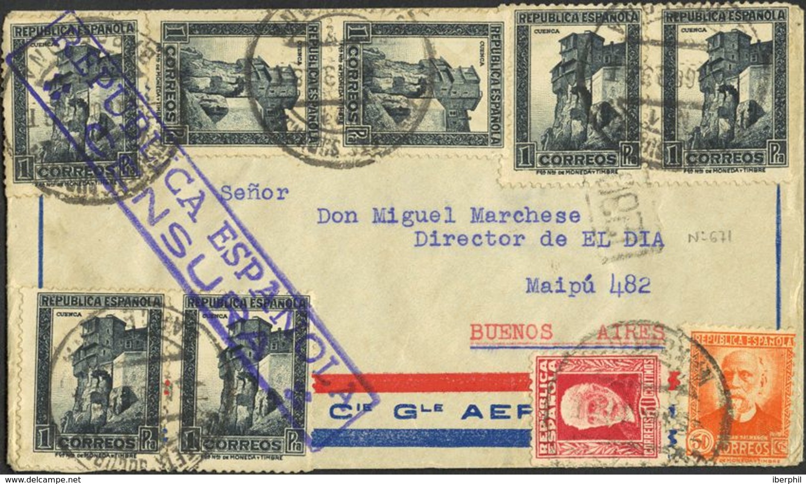 España. República Española Correo Aéreo. Sobre 770(7),669,671. 1938. Dirigido A BUENOS AIRES. 30 Cts, 50 Cts Y 1 Pts, Tr - Lettres & Documents