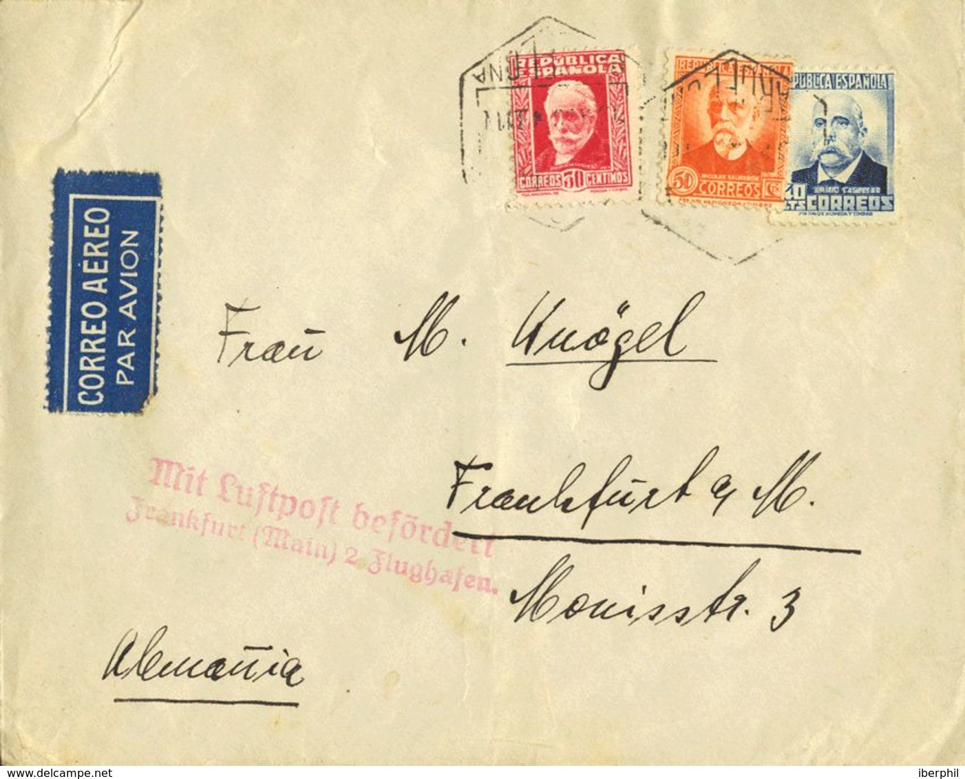 España. República Española Correo Aéreo. Sobre 669, 670, 671. 1934. 30 Cts, 40 Cts Y 50 Cts. BARCELONA A ALEMANIA. "POR - Cartas & Documentos