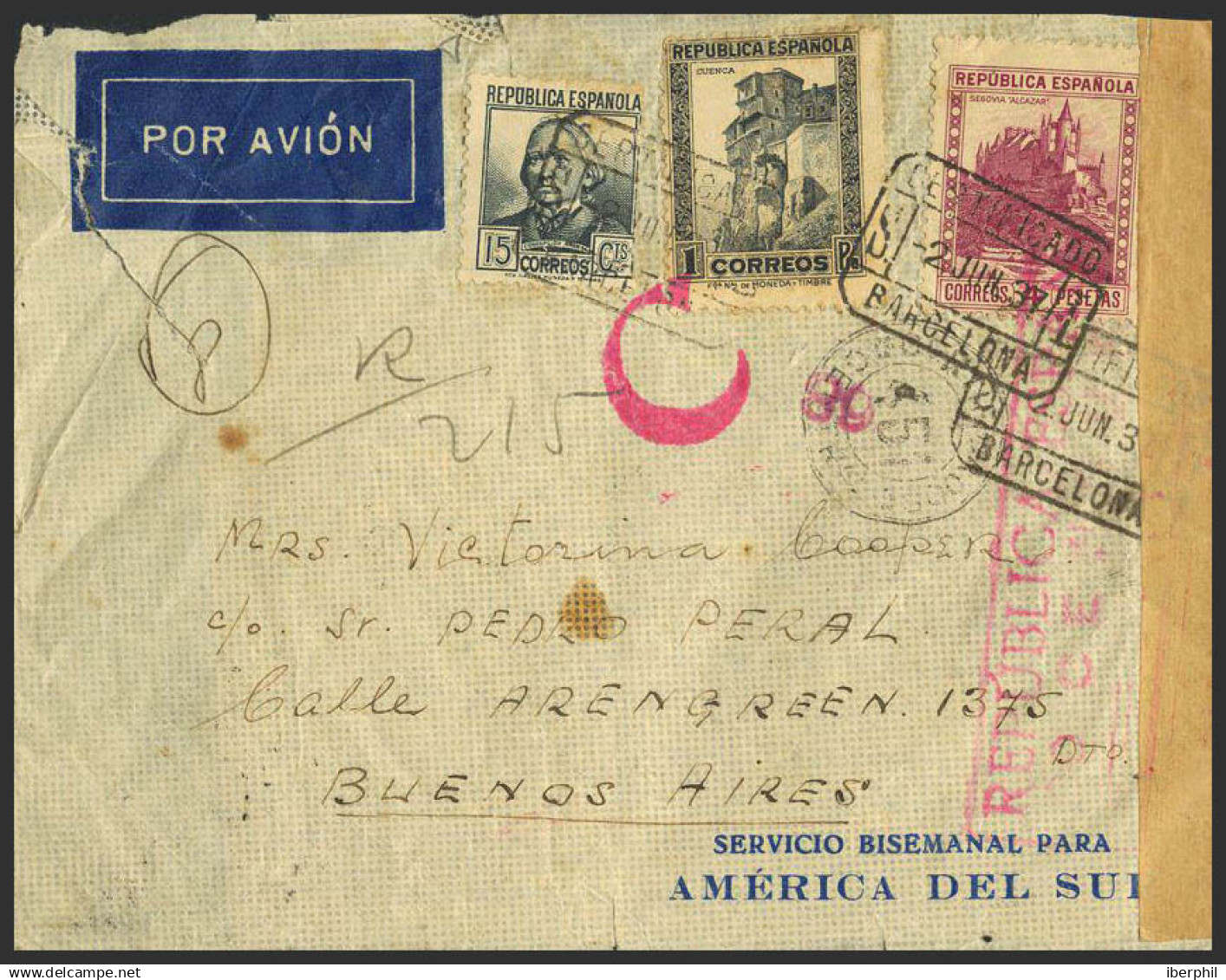 España. República Española Correo Aéreo. República Española Correo Aéreo. Al Dorso Llegada. MAGNIFICA. - Covers & Documents