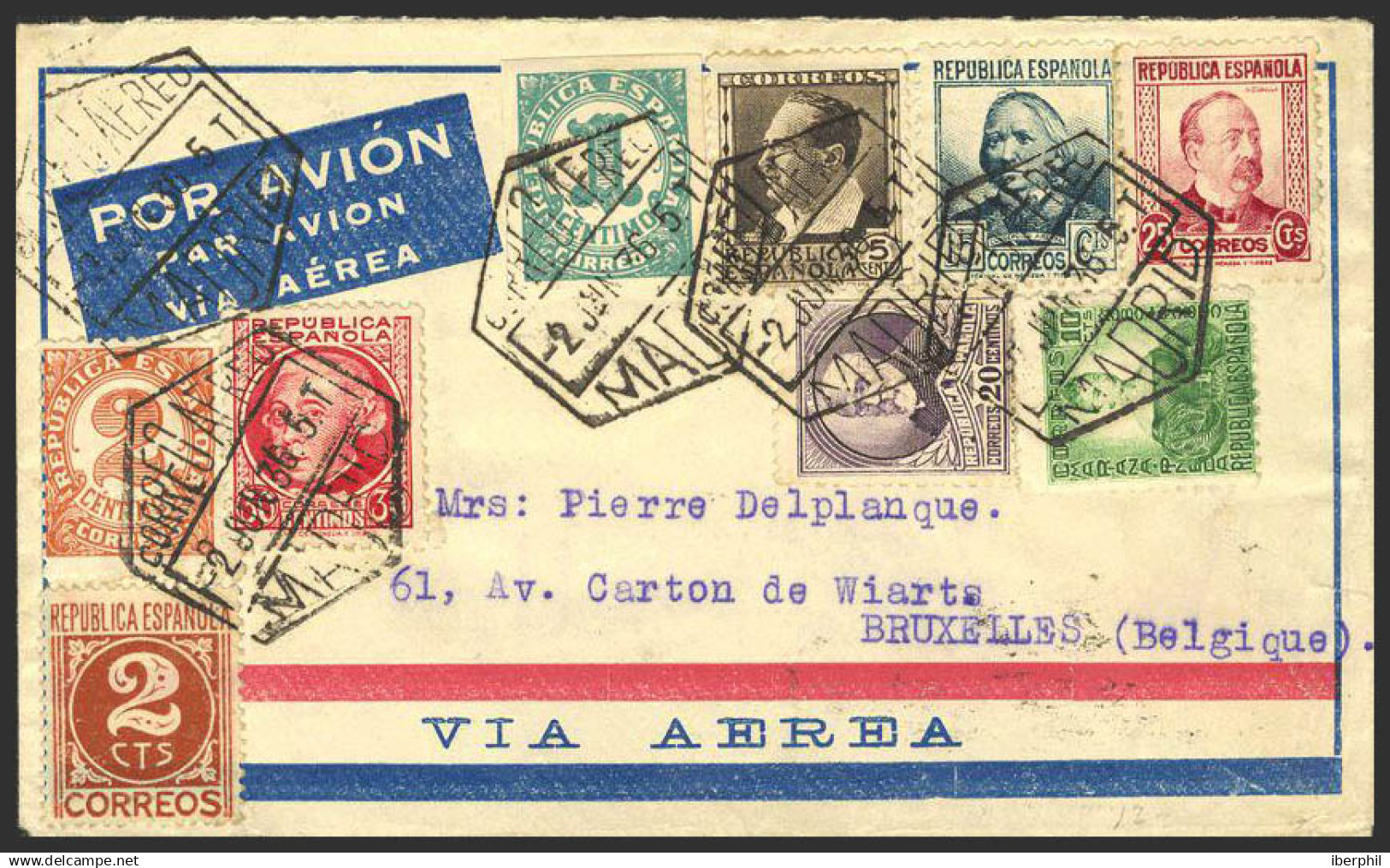 España. República Española Correo Aéreo. República Española Correo Aéreo. Al Dorso Tránsito. ESPECTACULAR FRANQUEO. - Lettres & Documents