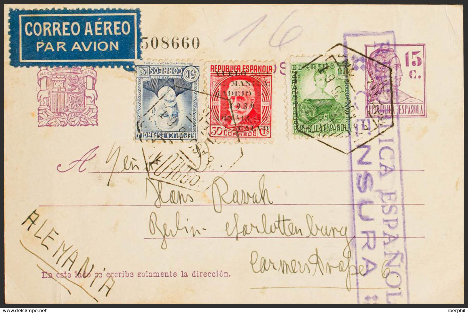 España. República Española Correo Aéreo. Sobre 741, EP69, 682, 688. 1936. 15 Cts Sobre Tarjeta Entero Postal Aérea De BA - Covers & Documents