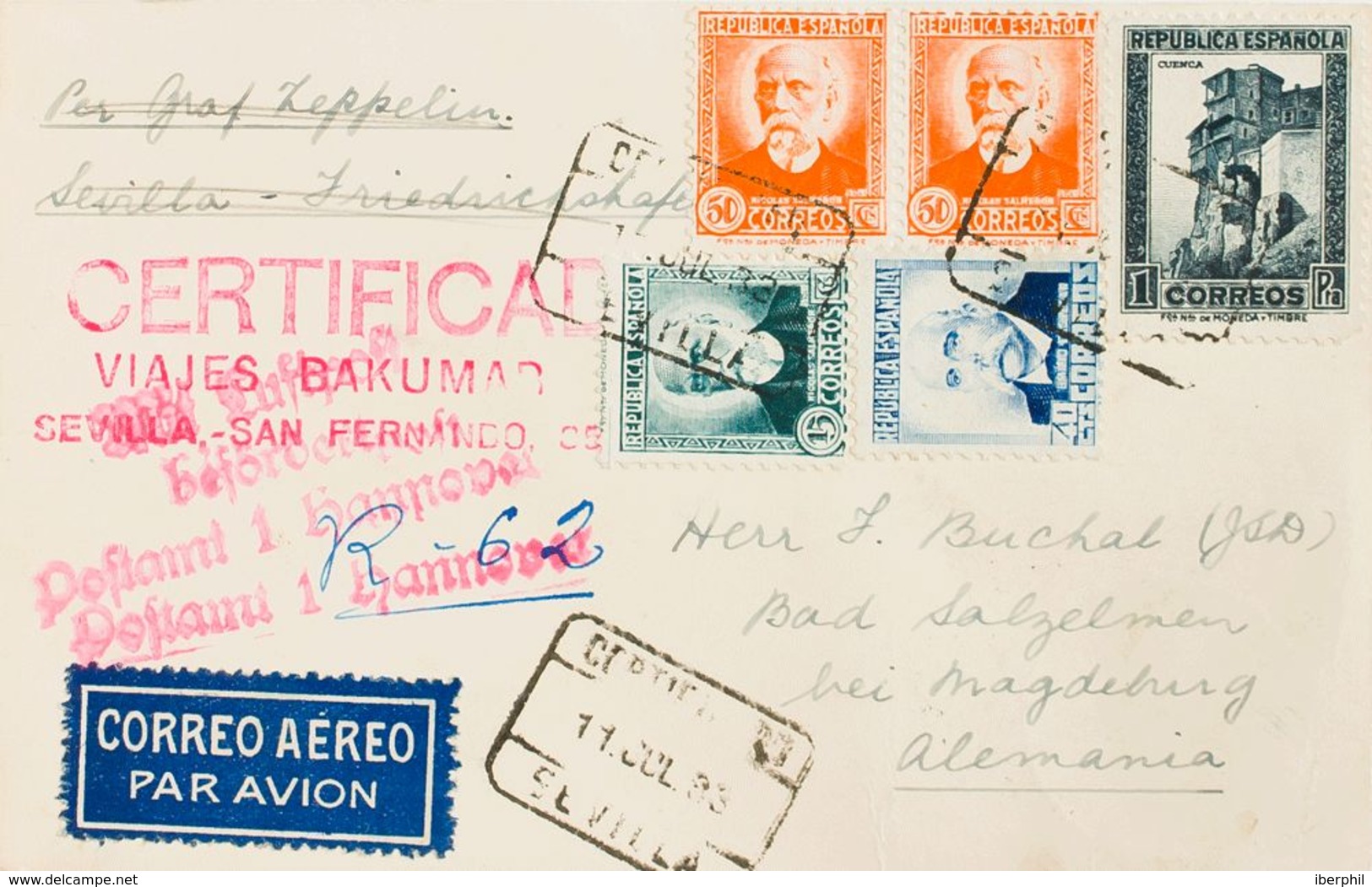 España. República Española Correo Aéreo. Sobre 665, 670, 671(2), 673. 1933. 15 Cts, 40 Cts, 50 Cts, Dos Sellos Y 1 Pts. - Storia Postale