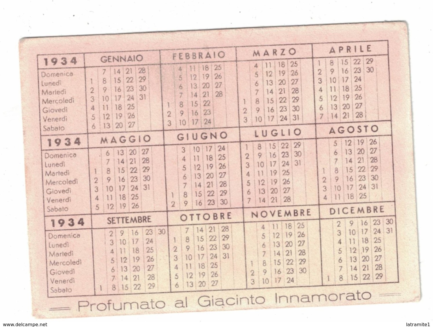 CALENDARIETTO 1934  PROFUMI Milano SEMESTRINO - Autres & Non Classés