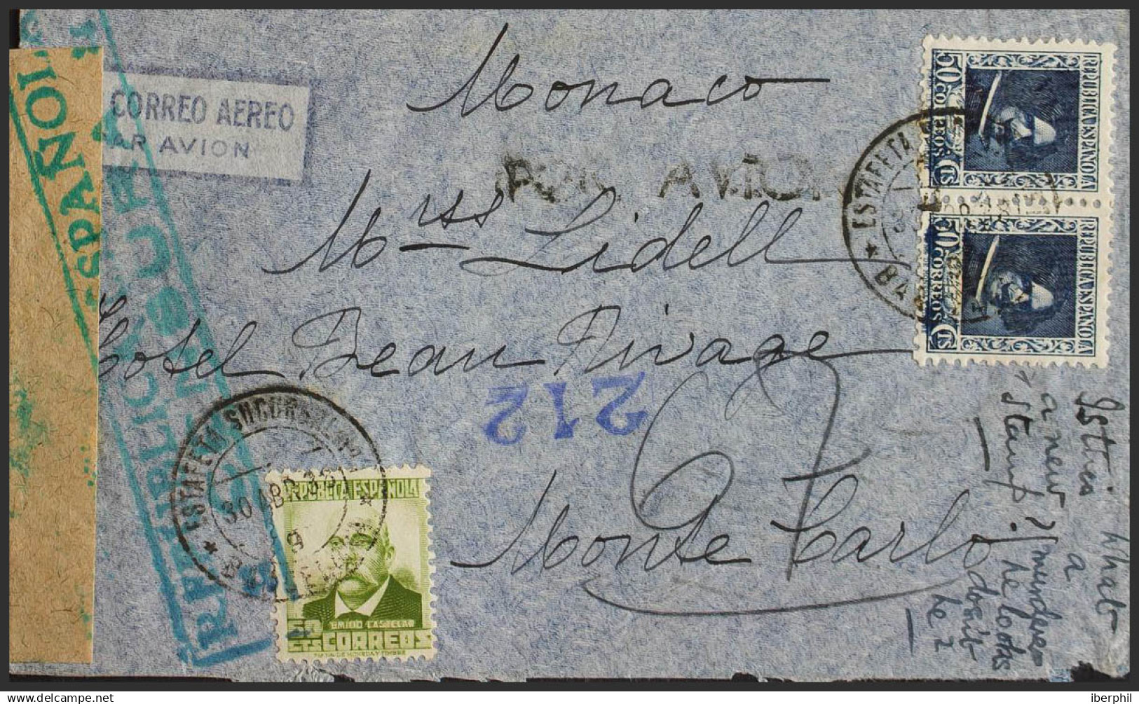 España. República Española Correo Aéreo. Sobre 738, 674. 1938. 50 Cts Azul, Pareja Y 60 Cts Oliva. BARCELONA A MONTE-CAR - Lettres & Documents