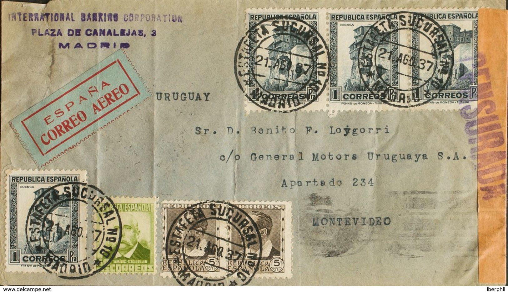 España. República Española Correo Aéreo. República Española Correo Aéreo. Dirigida A URUGUAY, Al Dorso Tránsito. MAGNIFI - Covers & Documents