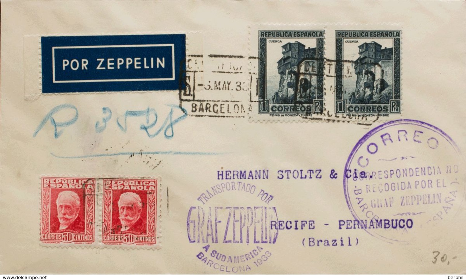 España. República Española Correo Aéreo. Sobre 669(2), 673(2). 1933. 30 Cts Carmín, Pareja Y 1 Pts Pizarra, Pareja. Graf - Lettres & Documents