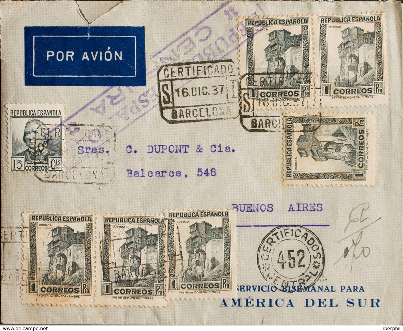 España. República Española Correo Aéreo. República Española Correo Aéreo. Al Dorso Llegada. ESPECTACULAR FRANQUEO. - Cartas & Documentos