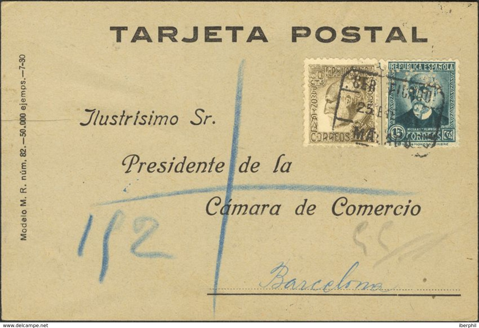 España. República Española Correo Certificado. Sobre 665,680. 1935. 15 Cts Verde Y 30 Cts Castaño (Sellos Perforados F.C - Briefe U. Dokumente